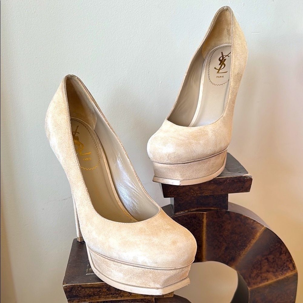 Yves Saint Laurent Suede Cream Platform Pumps Stiletto Heels Neutral Italy